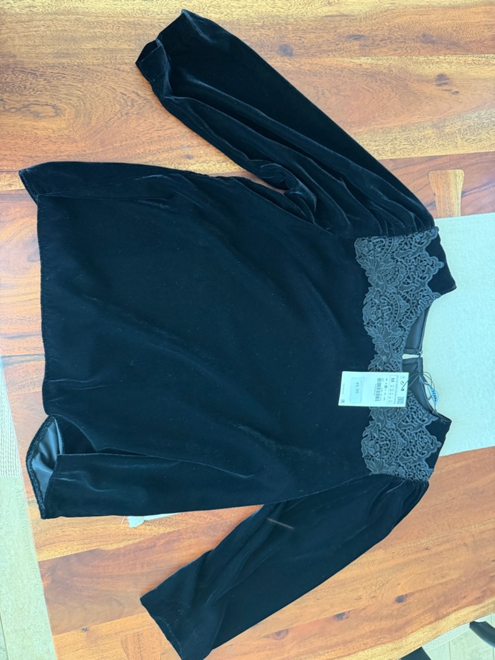 Zara Black Velvet Blouse with Lace Yoke Detail
